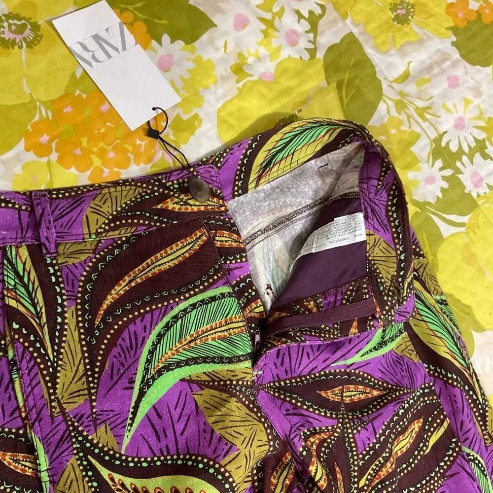 Zara Linen High Waisted Hi Rise Flare Patterned Pants Small